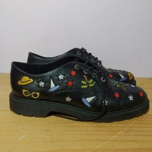 Zara Trafaluc Black Vegan Leather Embroidered Derby Shoes Size 39 EU (8 US)